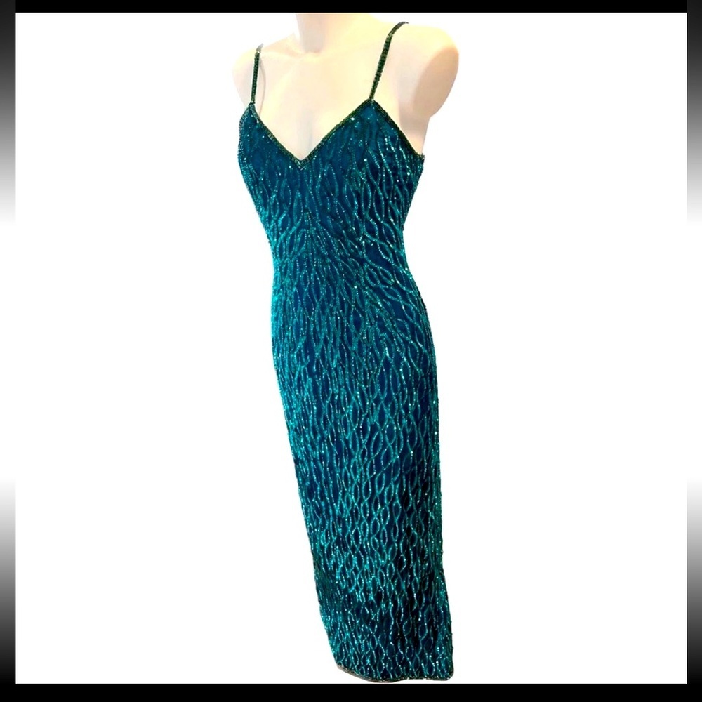 Laurence Kazar Vintage Dress Size XL Emerald Green Sequin Silk Spaghetti Straps